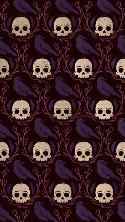 a pattern with skulls and leaves on it Damask Halloween Horror Pattern, Raven Pattern Background, Goth Repeating Pattern, black