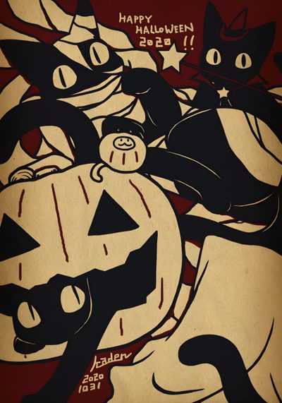 a halloween poster with cats and pumpkins on it Japan Halloween Japan Halloween, Black Cat Halloween Anime, Japanese Halloween, Vintage Halloween Cat, maroon