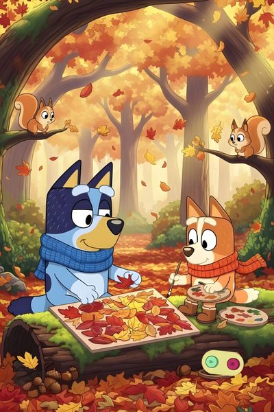 the cartoon dog and cat are playing in the autumn forest with leaves on the ground Bluey Halloween Bluey Thanksgiving, Bluey And Bingo Fall, Bluey Fall, Bluey Halloween Aesthetic, peru