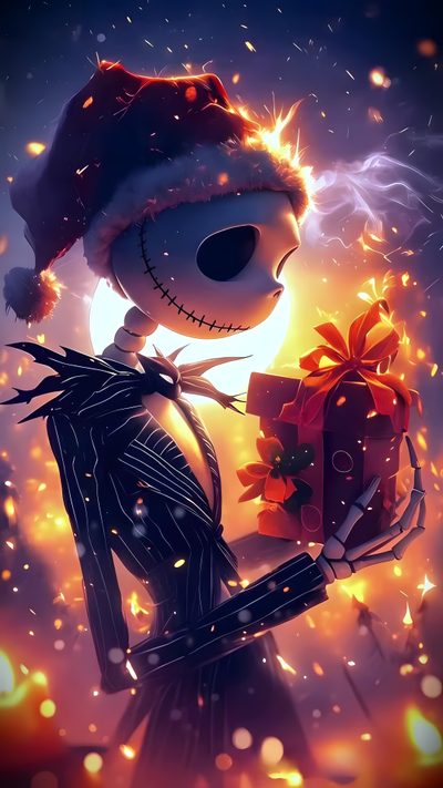 a cartoon character holding a christmas present in front of a bright background with lights and snow Happy Halloween Jack Skellington Jack The Pumpkin King Gif, Nightmare Before Christmas Christmas, Live Christmas, dark slate gray