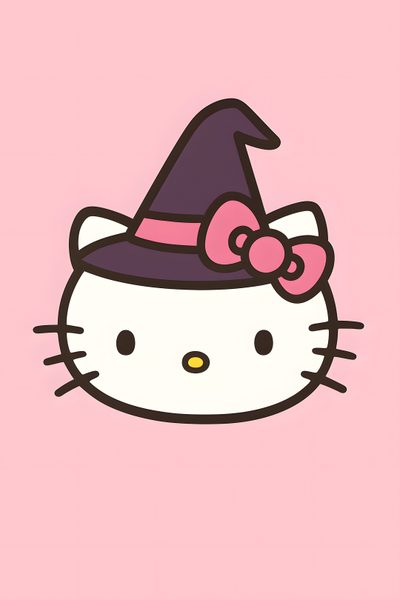 a hello kitty wallpaper with a hat on it's head and a bow at the top Halloween With Hello Kitty In A Hat Hello Kitty Halloween, Samhain, Kitty Drawing, Halloween Painting, pink