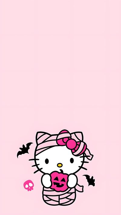 a hello kitty wallpaper with pink background Pink Hello Kitty Halloween Hello Kitty Halloween, Halloween Cute, Hello Kitty Hd, Iphone Preppy, misty rose