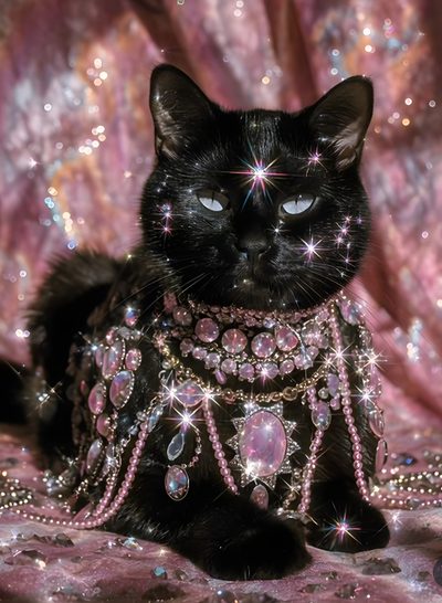 a black cat with jewels on it's chest Black Cat Diamonds For Halloween In China Cat, Black Cat In Glitter, Black Cat With Glitter, dim gray