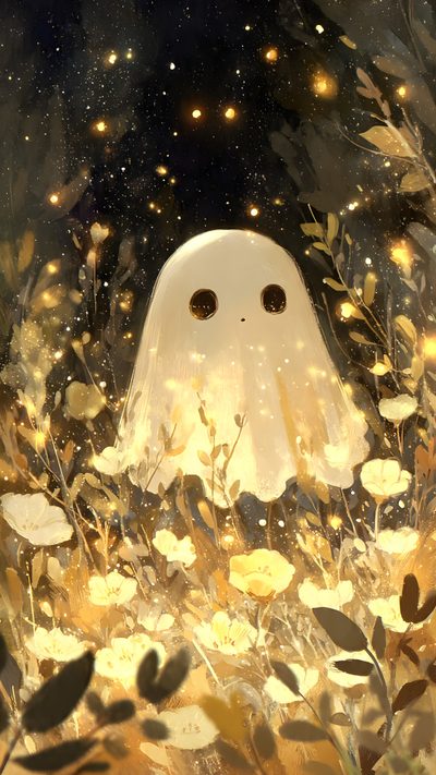 a white ghost in the middle of some flowers and plants with lights shining on it Halloween Ghost For Bedroom Pretty Backgrounds, Fantasy Artwork, Backgrounds, Kawaii, Cute Paintings, sienna