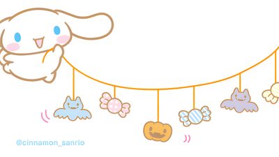 an animal hanging from a line with other animals on it's sides and the words, Cinnamoroll Halloween Laptop Cinnamoroll Ghost, Cinnamoroll Halloween, Cinnamoroll In A Pumpkin, white