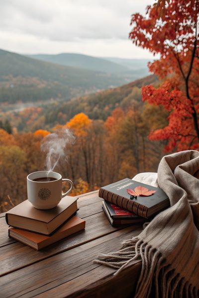 a cup of coffee sitting on top of a wooden table next to books and a blanket Halloween Coffee Autumn Coffee Scene, Autumn Books // Booklover, Autumn Violin Scene, dim gray