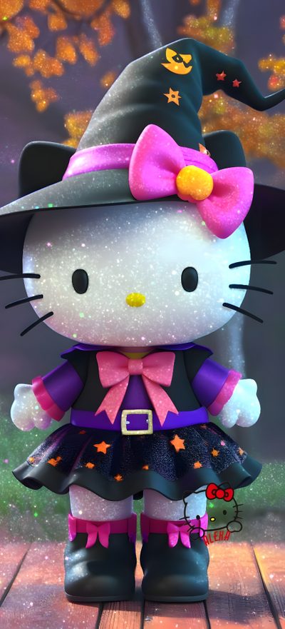 hello kitty dressed up as a witch with her hat and pumpkins in the background Halloween With Hello Kitty In A Hat Cute Hello Kitty Halloween, Halloween Hello Kitty, Hello Kitty Iphone Halloween, dim gray