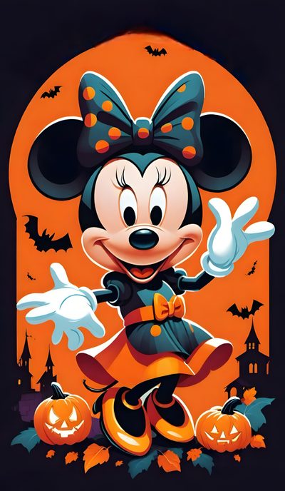 a cartoon mickey mouse with pumpkins and bats Minnie Halloween Mickey Mouse Halloween, Disney Halloween, Mickey Halloween, dark slate gray