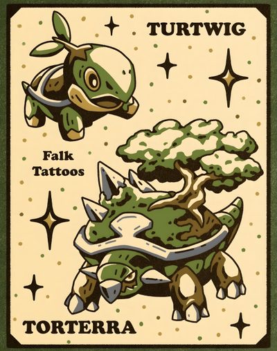 a card with an image of a turtle and a tree Halloween Torterra Turtwig Alt Art, Turtwig Illustration Rare, Cool Torterra Art, Pokemon Torterra Art, wheat