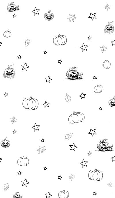 black and white drawing of pumpkins, stars, and bats Halloween Pumpkins And Stars Scattered Soft Halloween, Light Halloween, Halloween Iphone Aesthetic Black And White,