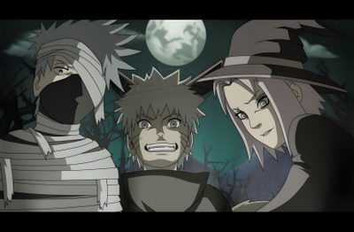 three anime characters standing in front of a full moon Naruto Halloween Naruto Halloween Icons, Orochimaru Official Art, Naruto Halloween Official Art, dark slate gray