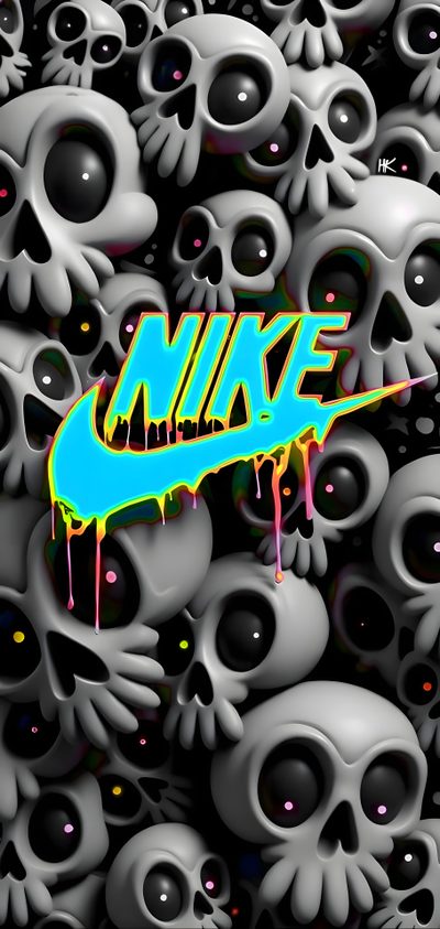 the nike logo is painted on top of a pile of skulls in black and blue Nike Halloween Iphone Glitch Series, Nike, dark slate gray