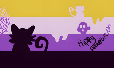 a black cat sitting on top of a purple, yellow and orange striped wallpaper Nonbinary Halloween Halloween Pan Flag, They/them Nonbinary Pronoun Pride, Agender Halloween Flag, sienna