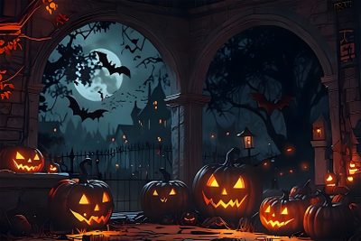 halloween pumpkins on the ground in front of an arched window with bats and full moon Halloween Cave Halloween Backgrounds Landscape, Spooky Backdrop, Halloween House Background 4k, black