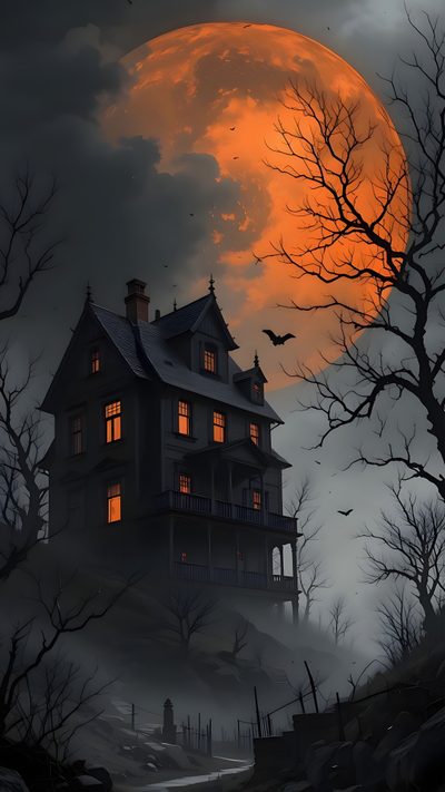 a spooky house with the full moon in the background Halloween House Ideas Dark Horror Landscape Art, Halloween Decoration Inspiration, Haunted House Under Full Moon, dark slate gray