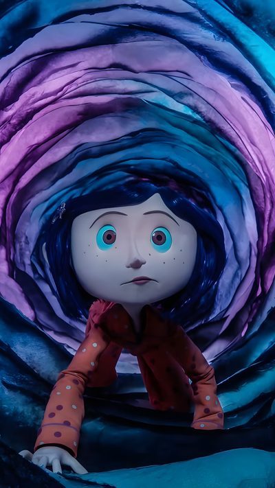 an animated doll with blue eyes sitting in front of a purple and blue swirl background Halloween Iphone Coraline Anime Coraline, Picture Of Coraline, Coraline Coraline, midnight blue