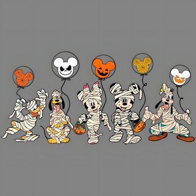 cartoon characters dressed up in halloween costumes with pumpkins and ghost balloons on a gray background Disney Halloween Apple Watch Mickey Halloween, Disney Mouse, Disney Friends, Dr. Seuss Svg, Cute Poster, gray