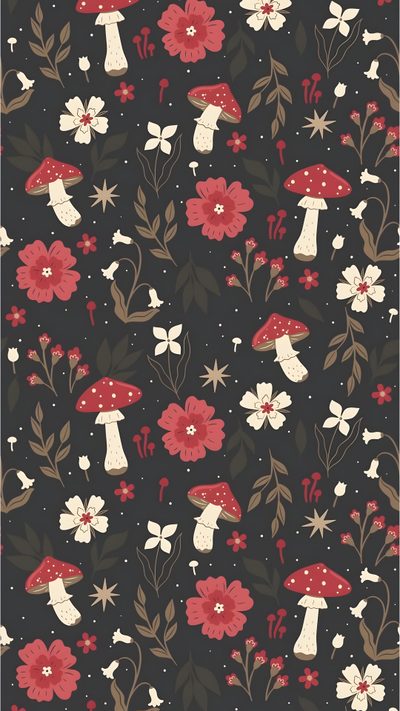 a black background with red and white flowers, mushrooms and leaves on it's sides Aesthetic Halloween Flower Mushroom, Dinner En Blanc, Witchy, Cool Art, Cute Patterns, dark slate gray