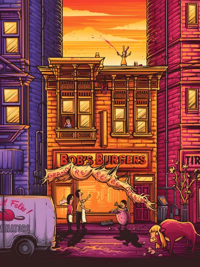 an illustration of people standing in front of a building Bobs Burger Halloween Trippy Bobs Burgers, Bobs Burgers Halloween, Bob Burger, Iphone Bobs Burgers, brown