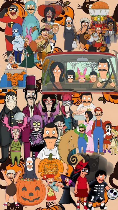an image of cartoon characters with pumpkins and cats Bobs Burger Halloween Bob Burgers, Bobs Burgers Halloween, Bobs Burgers Iphone, Bob's Burgers, gray