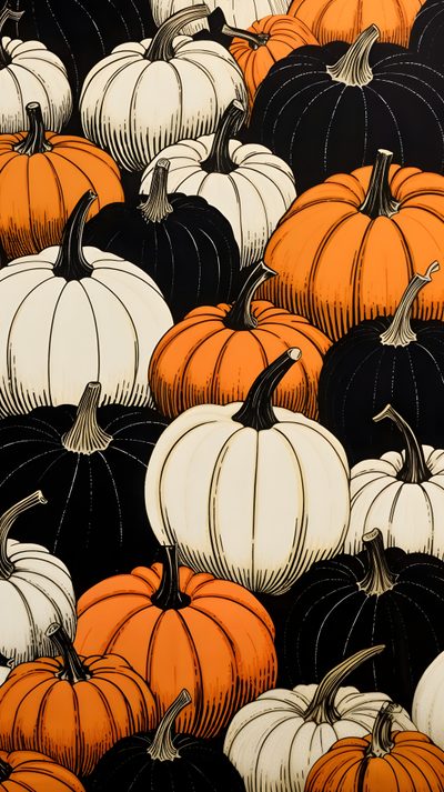a large group of pumpkins sitting on top of a black ground with white and orange ones Halloween Pumpkin For Walls Pumpkin, Halloween Iphone Backgrounds, Halloween Cute, Fall Background, chocolate