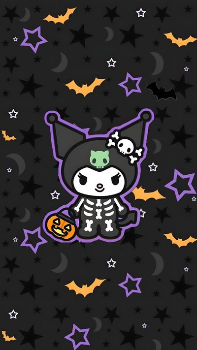 an image of a cartoon character on a black background with stars and pumpkins in the foreground Kuromi Halloween Iphone Halloween Cute, Halloween Backgrounds, Kitty Drawing, Hello Kitty Images, black