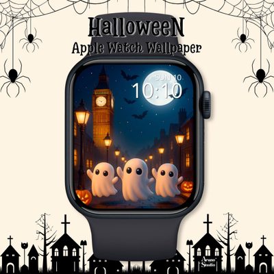 an apple watch with three ghostes on it and the words halloween written in white Halloween Apple Watch Faces London Watch, Halloween Stories, Everyday Watch, Share Icon, Watch, linen