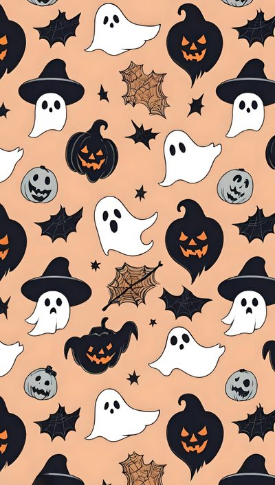 halloween seamless wallpaper with pumpkins and ghost faces in black, orange and white Aesthetic Halloween Elements Halloween Pattern Seamless, Ipad Halloween Horizontal, Cute Halloween For Ipad, burlywood