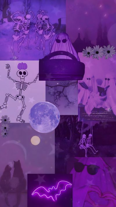 a collage of halloween images with purple and blue colors, including the skeleton in the background Purple Edgy Aesthetic Halloween Purple Aesthetic Halloween, Purple Halloween, Halloween Lockscreen Purple, dark slate blue