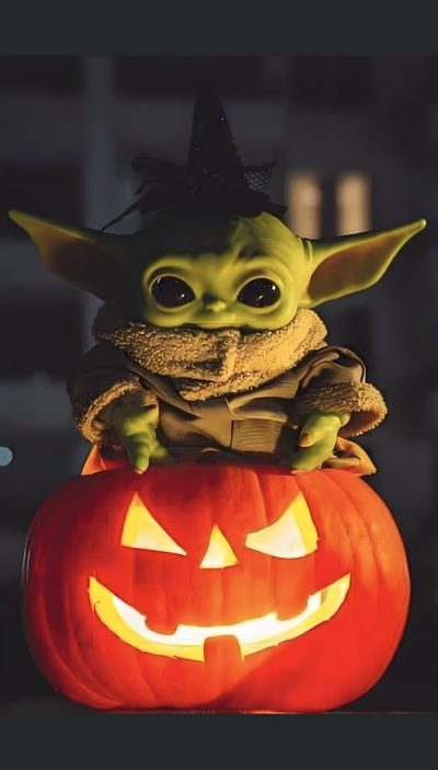 a baby yoda sitting on top of a pumpkin Cute Baby Yoda Halloween Star Wars Fall Background, Star Wars Halloween, Baby Yoda Thanksgiving, dark slate gray