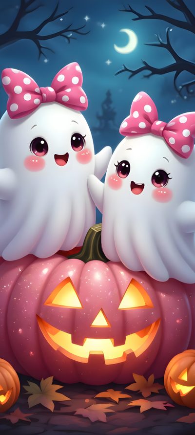 two white ghost cats sitting on top of a pumpkin Baby Halloween Iphone Inside, Cute Halloween Images, Hello Kitty Halloween, Halloween Live, gray