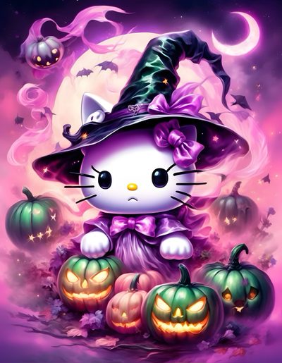 a painting of a cat wearing a witches hat and sitting on jack - o'- lanterns Halloween With Hello Kitty In A Hat Cute Hello Kitty Halloween, Halloween Hello Kitty, Of Hello Kitty Halloween, gray