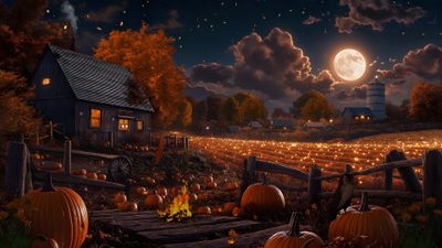 a painting of pumpkins in front of a barn at night with the full moon Halloween Farm Autumn Computer, Pumpkin Farm, Halloween Painting, Autumn Nature, dark slate gray