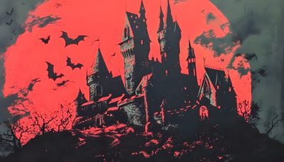 an image of a castle with bats in the sky and blood red moon behind it Dracula Halloween Dark Aesthetic For Pc, Macbook Aesthetic High Quality Dark, Vampire Chateau, dark slate gray