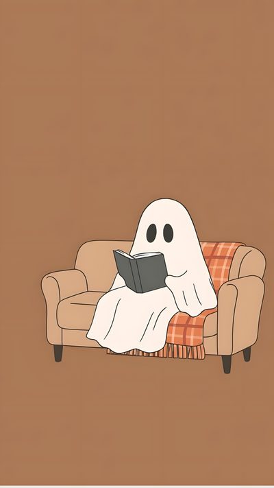 a ghost reading a book while sitting on a couch Halloween Kindle Halloween Cute, Halloween Backgrounds, Halloween Books, Halloween, Reading, peru