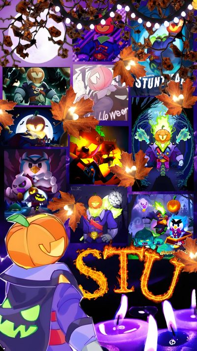an animated halloween scene with pumpkins, bats and other things in the background that are lit up Brawl Stars Halloween Halloween, Stars, dark slate gray