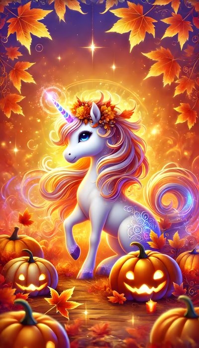 a painting of a unicorn surrounded by pumpkins Halloween Unicorn Magical Unicorn Autumn Scene, Autumn Unicorn, Autumn Themed Unicorn Art, indian red