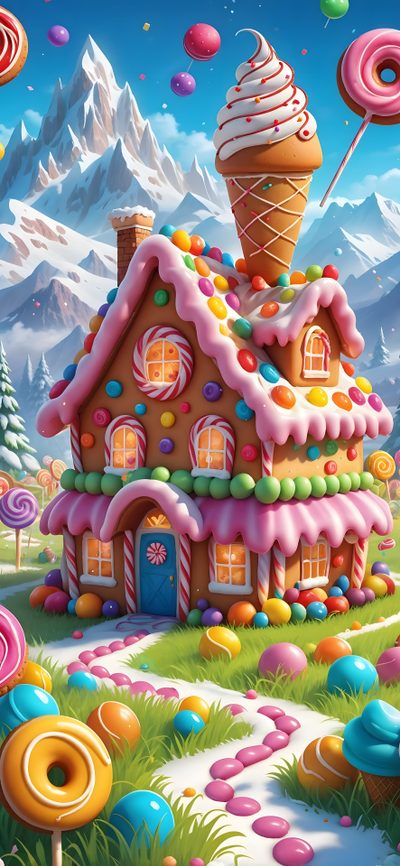 a painting of a candy land house with lots of candies and lollipops Halloween Candy House Candyland Background Free, Images Of Candy Land, Candy Land Cartoon, gray