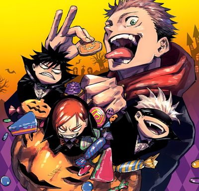 an image of some anime characters with their mouths open and fingers up in the air Jujutsu Kaisen Halloween Halloween Anime Pfp Jjk, Jujutsu Kaisen Halloween, Jujutsu Kaisen Halloween Fanart, sienna