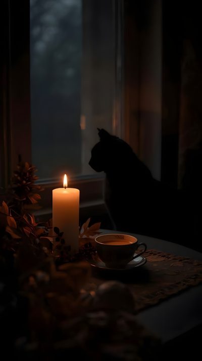 a lit candle sitting on top of a table next to a cup and saucer Halloween Candle Candles Dark, Black Cat Aesthetic, Candles Photography, Cat Sanctuary,