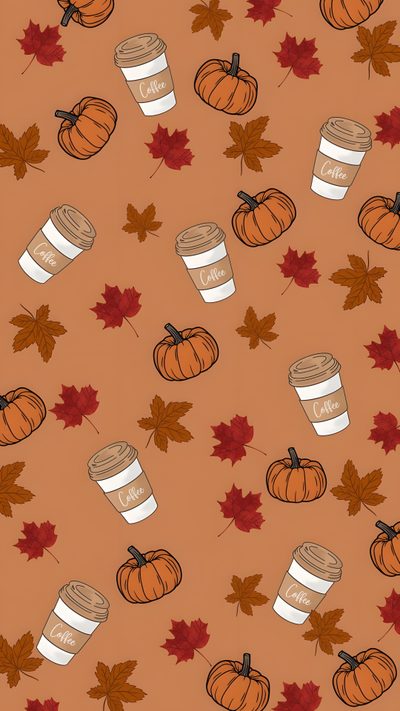 coffee cups and autumn leaves on an orange background Preppy Fall/halloween Cute Fall Backgrounds, Fall Backgrounds Iphone, App Ikon, Autumn Phone, Pumpkin, peru