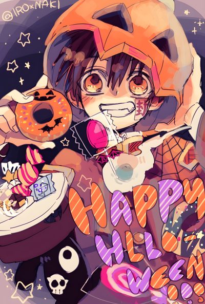 an anime character holding a donut with happy halloween written on the front and bottom Hanako Halloween Deku Anime, Anime Halloween, Animes, Theme Halloween, Jibaku Shounen Hanako-kun, indian red