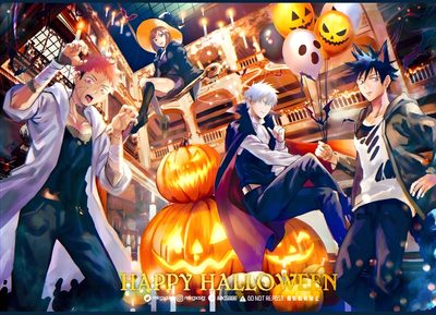 some anime characters with pumpkins in front of an image that says happy hallowen Jujustu Kaisen Halloween 4k Megumi Halloween, Jujutsu Kaisen Halloween, Jjk Halloween Pfp, sienna