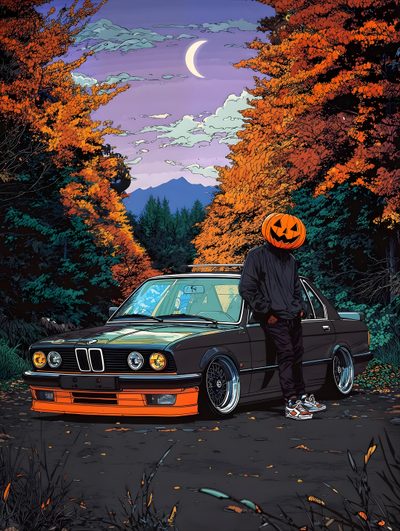 a man standing next to a car with a pumpkin on its head Bmw Halloween Car Drawings, Halloween Decorations, Halloween, Drawings, dark slate gray
