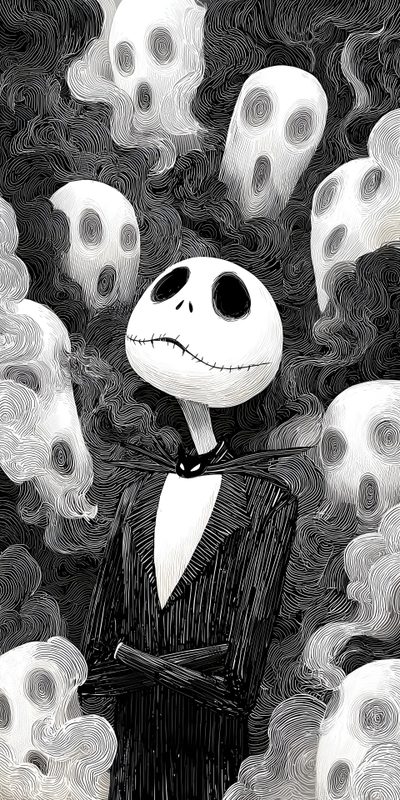 a drawing of a skeleton in a suit surrounded by skulls Cute Halloween Jack Skellington Halloween Cute, Tim Burton Art, Jack Skeleton, dim gray