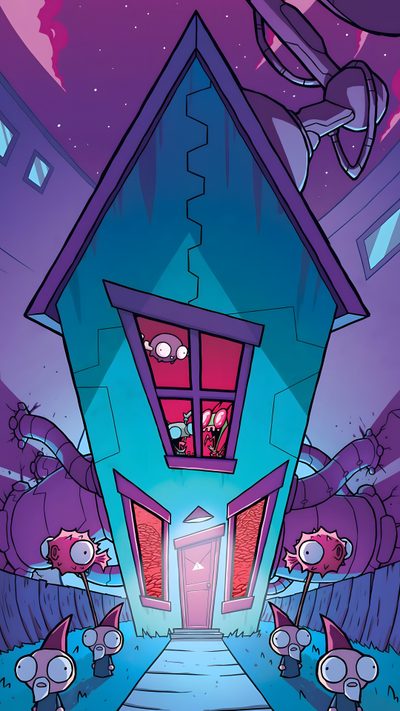 an image of a cartoon house in the middle of a night time scene with people standing outside Invader Zim Halloween Invasor Zim, Invader Zim House Background, Invader Zim Iphone, dark slate blue