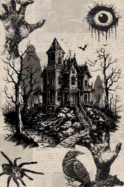 a creepy house surrounded by spooky trees and bats with an evil eye above it Halloween Spooky Grunge Custom Whimsigothic Phone, For Your Phone, Halloween, Halloween Art, dark gray