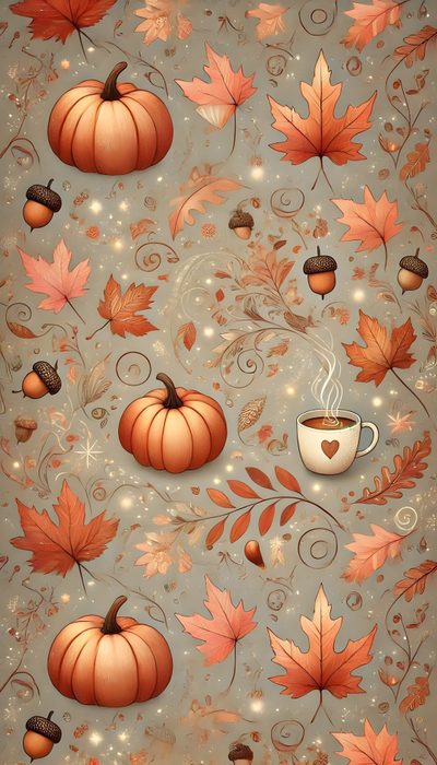 an autumn wallpaper with pumpkins, acorns and cup of coffee on it Halloween Thanksgiving Coffee, Halloween Artwork, November, November Backgrounds, rosy brown