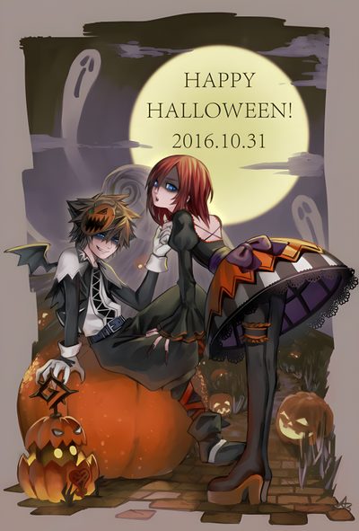 two people dressed up as witches and pumpkins with the words happy halloween 2010 1011 Kingdom Hearts Halloween Kingdom Hearts Sora Kairi Riku, Kingdom Hearts Halloween Fanart, Sora Kingdom Hearts Halloween, dim gray