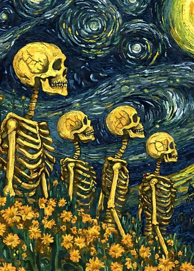 three skeletons standing in front of a starry night with the sun shining behind them Halloween Van Gogh Skeleton Vincent Van Gogh, Metal Posters, Animal Posters, dark slate gray